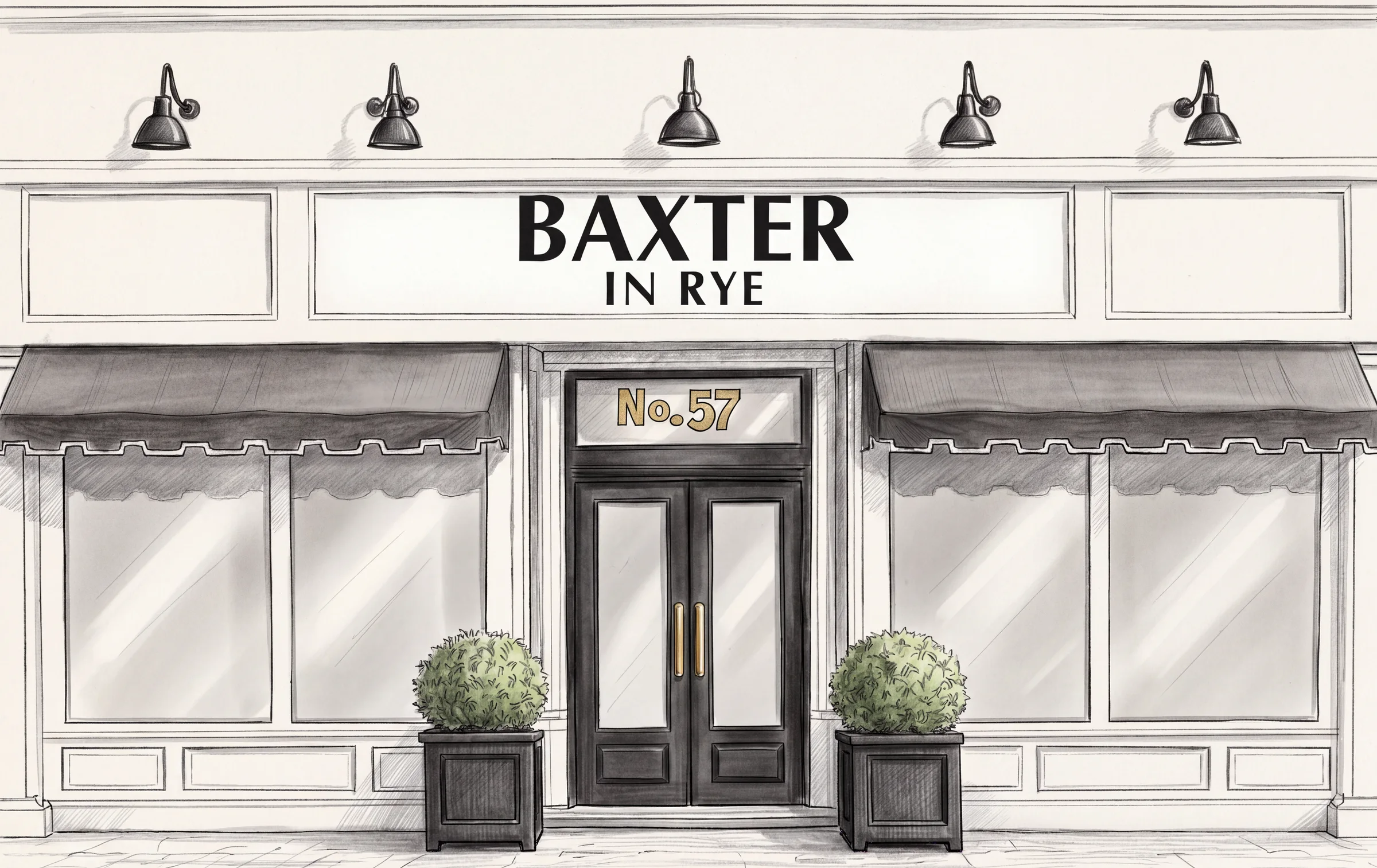 A pencil sketch of the Baxter in Rye storefront at No. 57 Purchase Street
